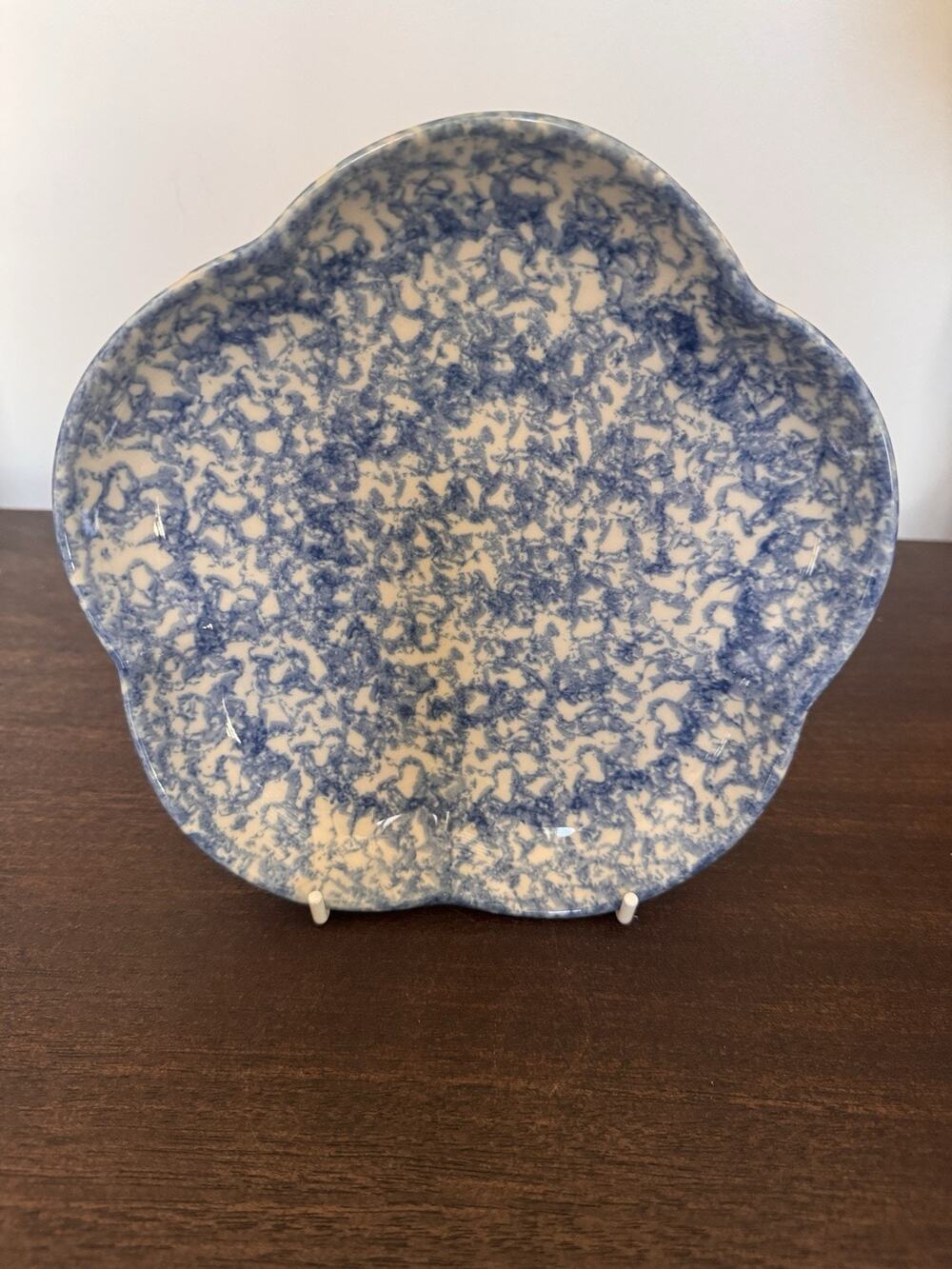 Vintage Blue Spongeware Scalloped Salad Bowl Dessert Plate 7.5" USA Discontinued
